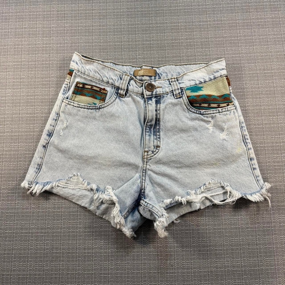 Alli Native Heart Creations blue denim shorts with multicolored pockets